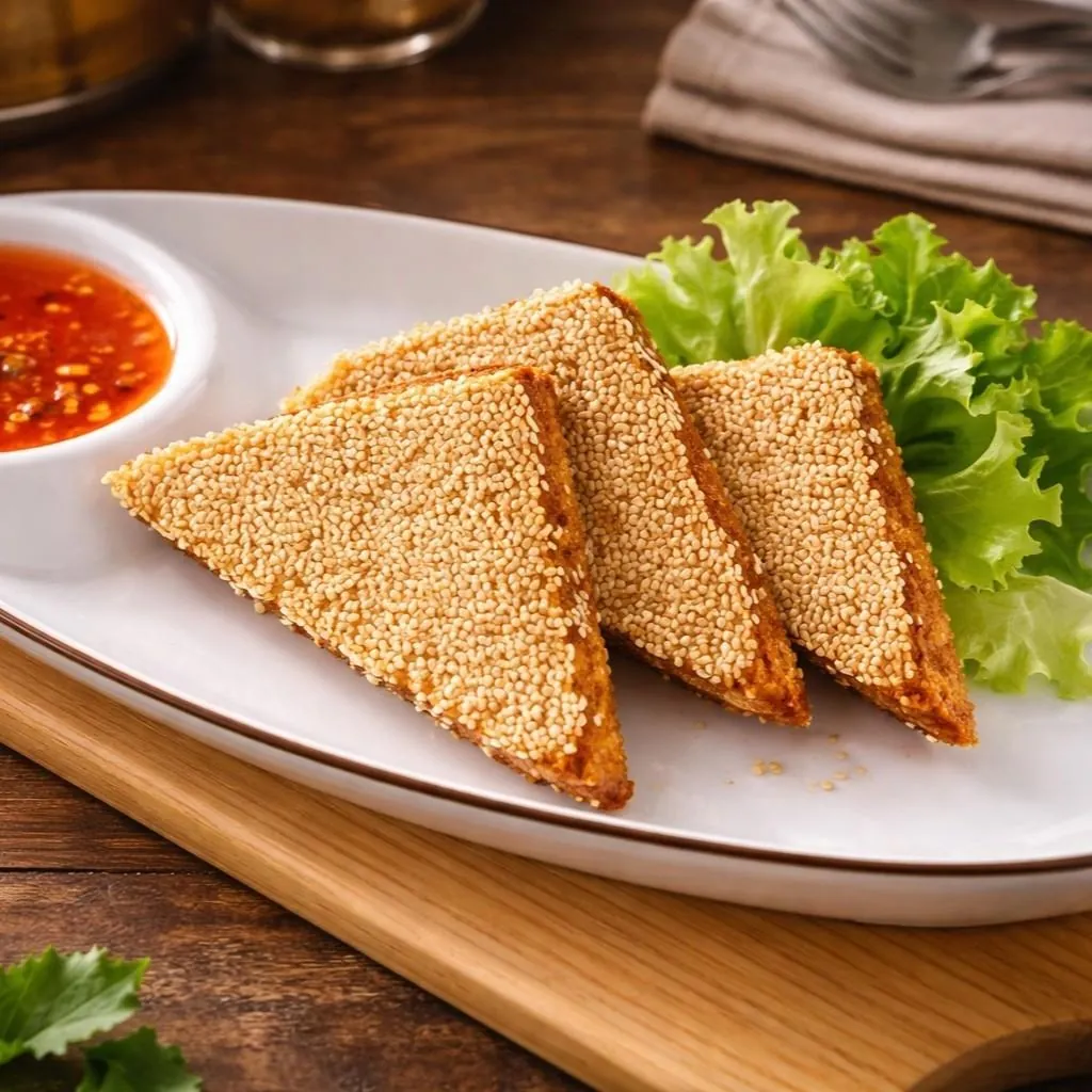 Three golden sesame-crusted triangles of Bánh Mì Tôm Chiên prawn toast on a white oval plate with red chilli dipping sauce and fresh lettuce at Bà Năm, Adelaide.