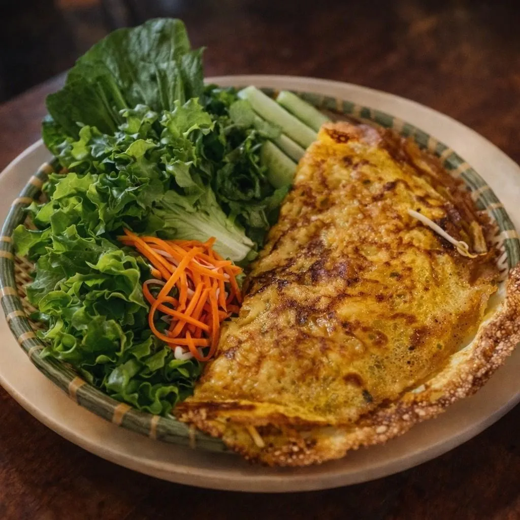 Golden crispy bánh xèo, a folded Vietnamese savoury pancake, served on a woven bamboo basket with fresh lettuce, cucumber and shredded carrot.