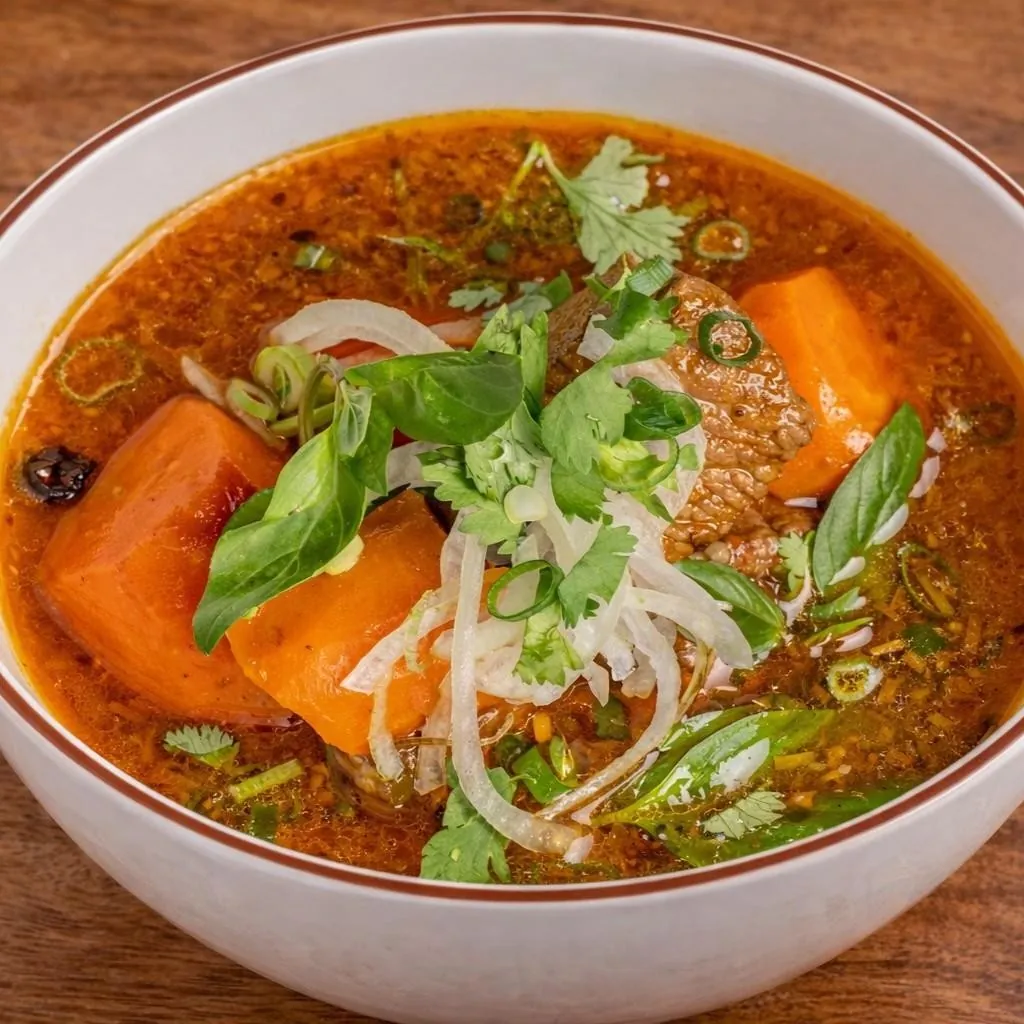 Vietnamese bò kho at Bà Năm Restaurant, Adelaide Chinatown — braised beef and soft carrot chunks in an aromatic orange-red stew with Thai basil and bean sprouts.