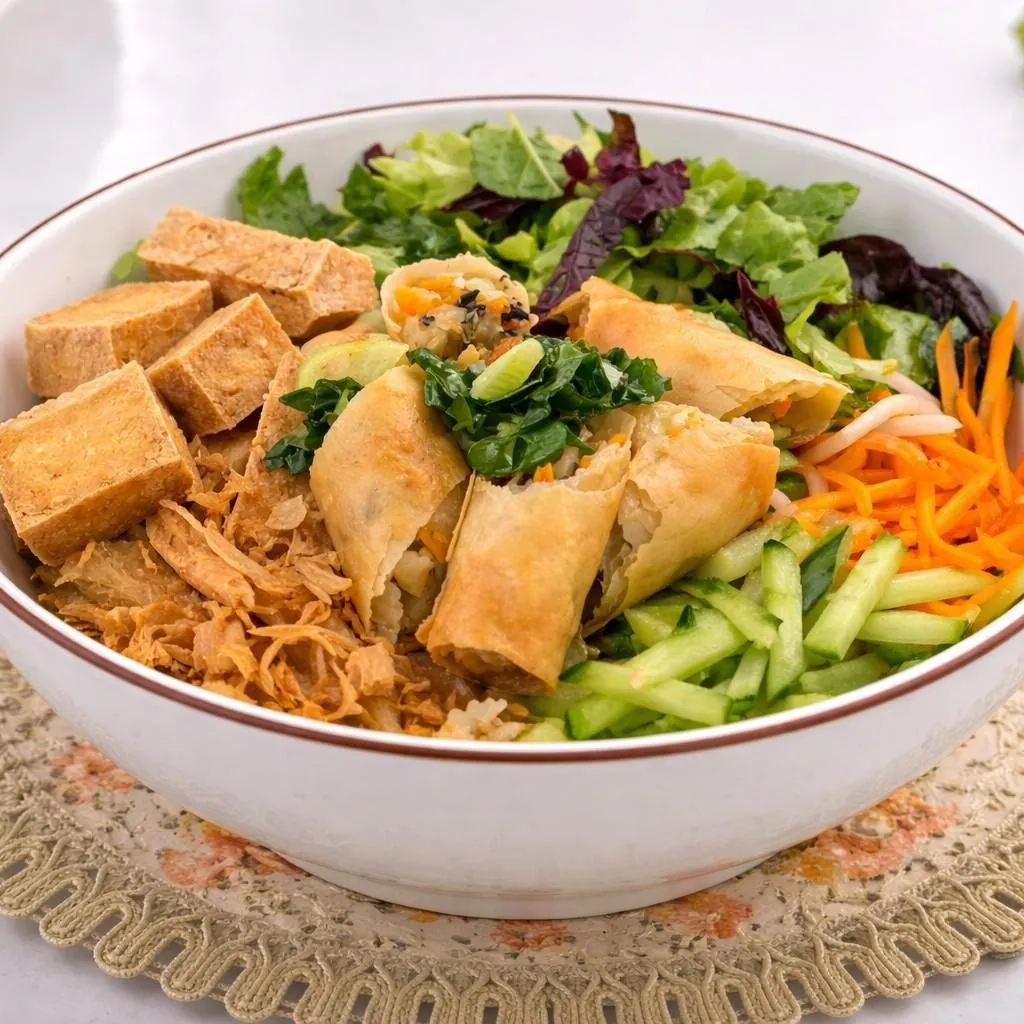 White ceramic bowl of Bún Chay Đặc Biệt at Bà Năm Adelaide: golden fried tofu cubes, shredded crispy bean curd, cut vegetarian spring rolls showing their vegetable filling, mixed lettuce with purple leaf, shredded carrot, bean sprouts, julienned cucumber and chopped herbs over rice vermicelli, on a lace doily.