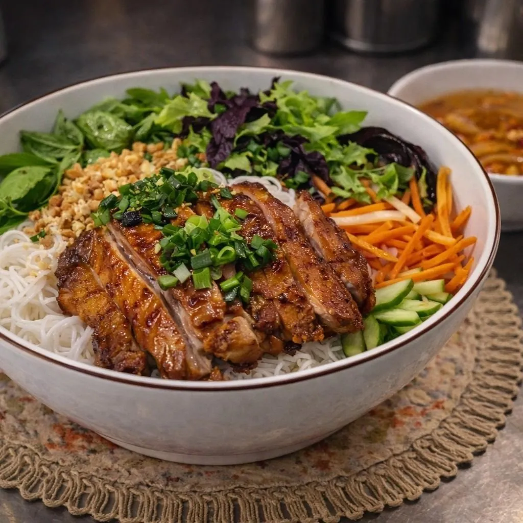 Bún Gà Nướng at Bà Năm Adelaide — white ceramic bowl of rice vermicelli topped with caramelised grilled chicken slices, crushed peanuts, spring onion, lettuce, basil, shredded carrot and cucumber, with nước chấm on the side.