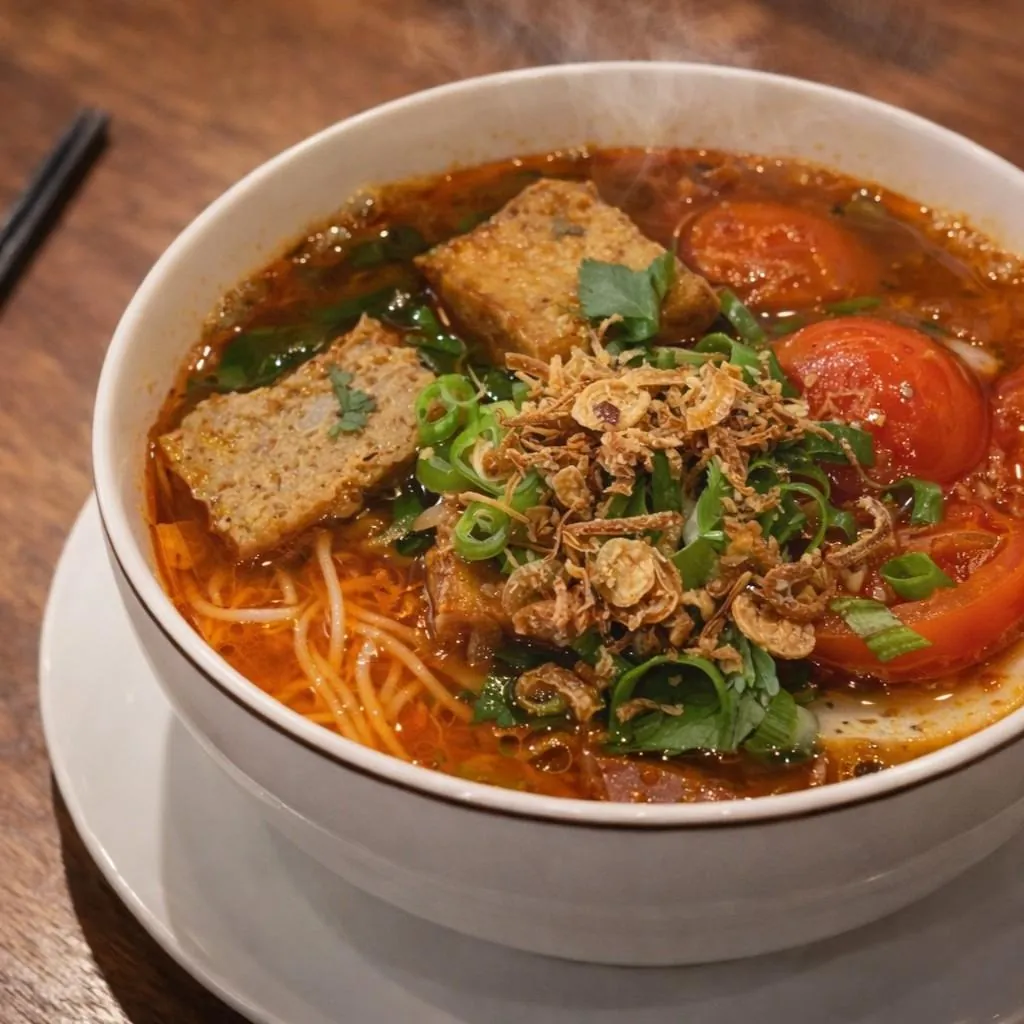 Bowl of Bún Riêu at Bà Năm Adelaide — tomato-red broth over vermicelli with fried crab paste cakes, tomato wedges, herbs and fried shallots