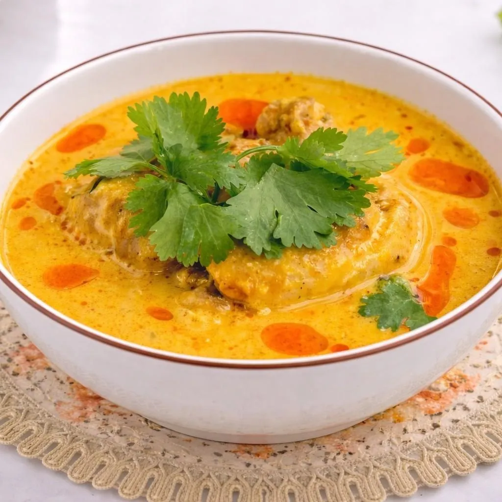 White bowl of golden-yellow Vietnamese chicken curry (cà ri gà) with pieces of chicken, orange oil droplets and fresh coriander at Bà Năm Restaurant, Adelaide Chinatown.