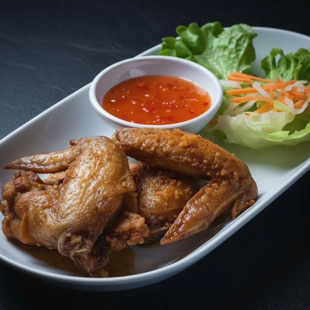 Golden fried chicken wings with sticky fish-sauce glaze and minced garlic on a white oval plate, with chilli nước chấm, lettuce, shredded carrot and pickled daikon at Bà Năm, Adelaide.