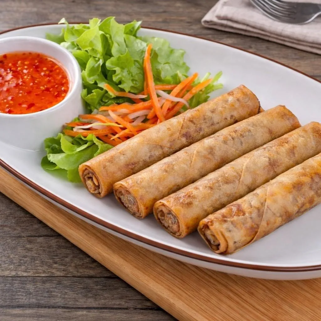 Four golden vegetarian chả giò chay fried spring rolls with red chilli dipping sauce at Bà Năm Adelaide
