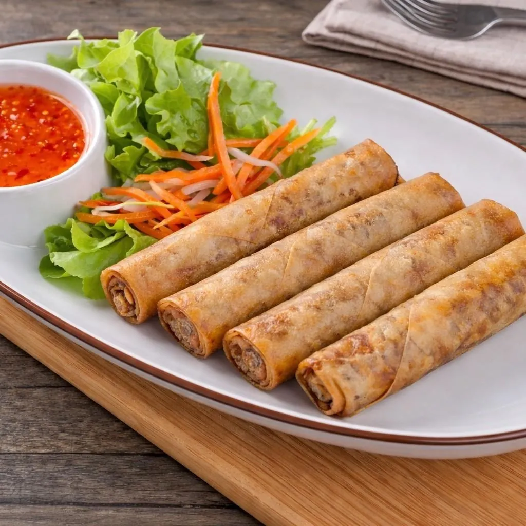 Four golden chả giò thịt fried spring rolls with nước chấm at Bà Năm Adelaide
