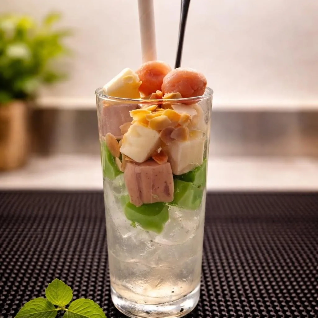 Chè Khúc Bạch at Bà Năm Adelaide — white and pink panna cotta cubes, green jelly, lychee-style fruit and toasted almonds over ice