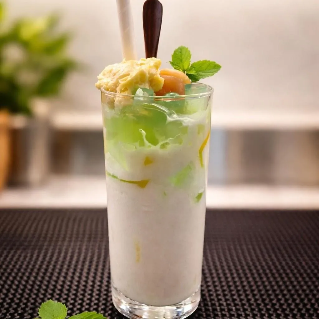 Tall glass of chè thái with coconut milk, green jelly and tropical fruit at Bà Năm Adelaide