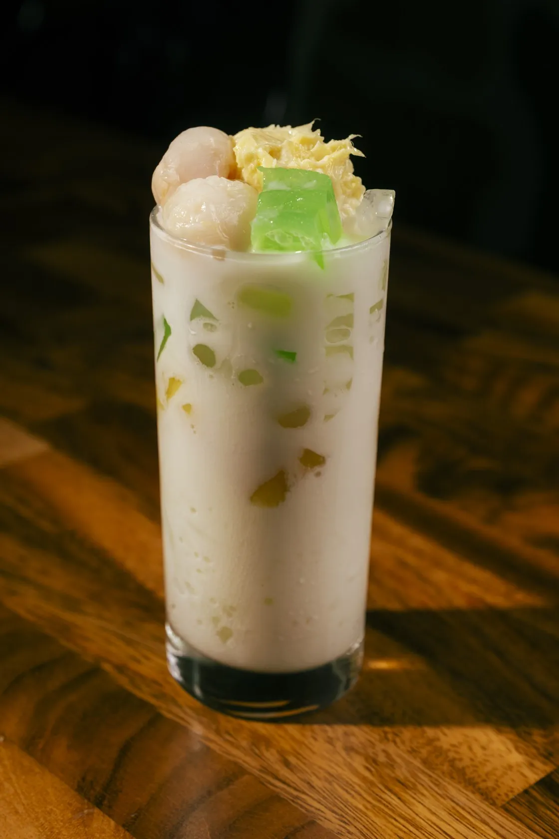 Coconut milk drink with lychee, durian and pandan jelly at Bà Năm Restaurant, Adelaide