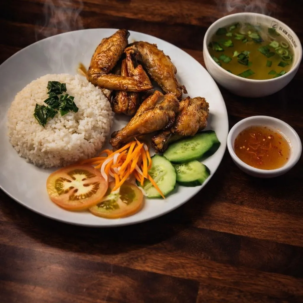 Broken-rice plate with sticky fish-sauce glazed chicken wings, white rice topped with green onion, tomato, cucumber, pickled carrot and daikon, small soup bowl and chilli sauce at Bà Năm, Adelaide.