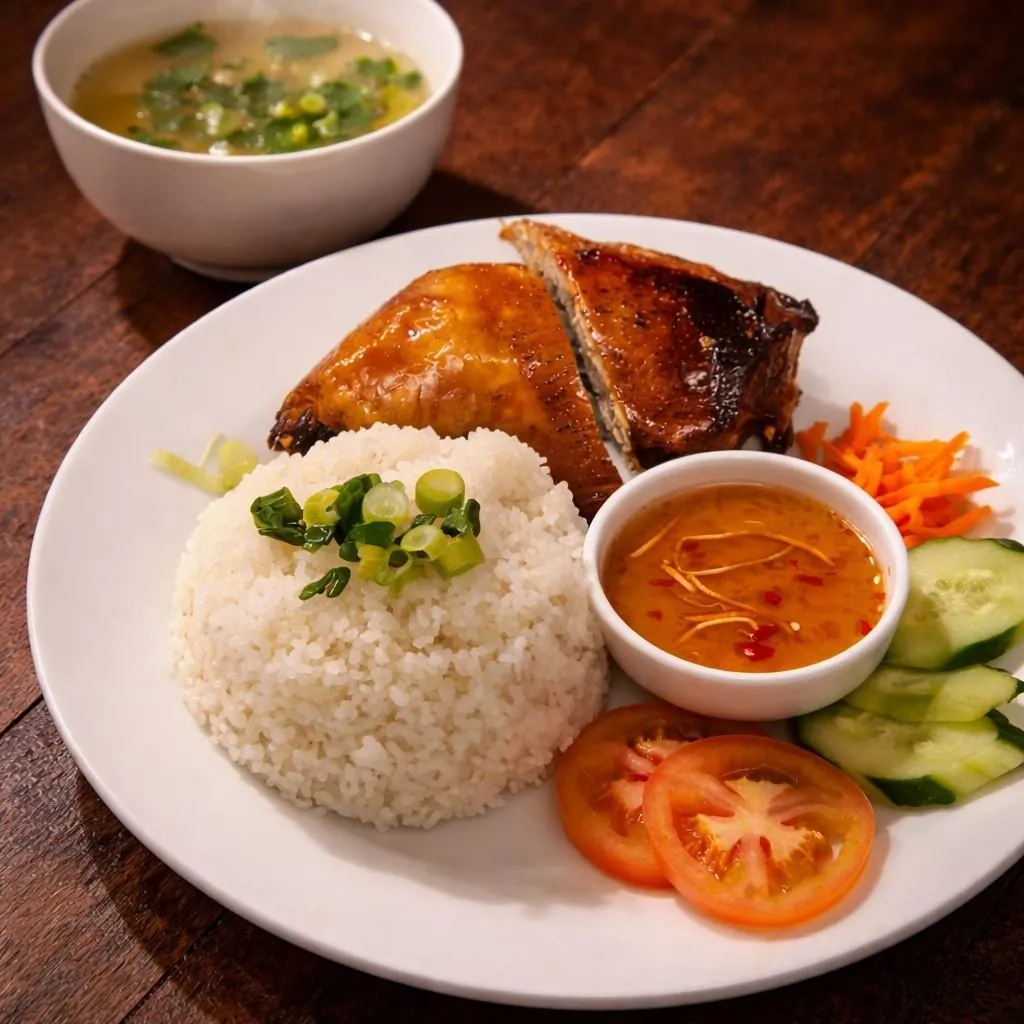 Cơm Gà Da Giòn broken rice plate at Bà Năm Adelaide — half golden crispy-skin chicken, white rice topped with spring onion, tomato and cucumber slices, shredded carrot, orange chilli dipping sauce, with a small bowl of clear green onion soup behind.