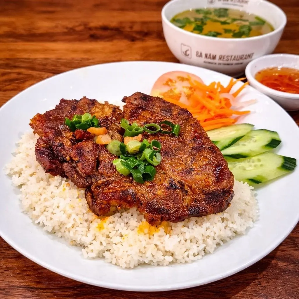 Cơm Sườn at Bà Năm Adelaide — char-grilled pork chop over white rice with spring onion, fried shallot, tomato, carrot and cucumber, served with green-onion soup and chilli nước chấm