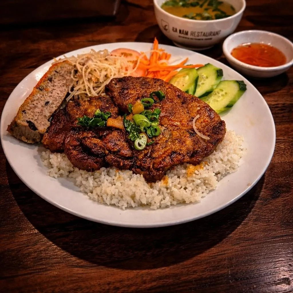 Cơm Sườn Bì Chả at Bà Năm Adelaide: broken rice with char-grilled caramelised pork, a slice of egg meatloaf, shredded bì, cucumber, carrot and tomato, with chilli dipping sauce and a BA NAM bowl of clear green-onion soup behind.