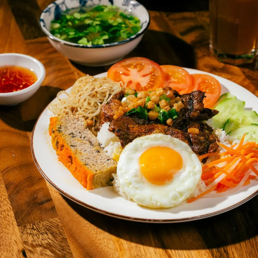Cơm Sườn Bì Chả with a sunny-side-up fried egg added, tomato slices, shredded bì and grilled pork over broken rice at Bà Năm Adelaide, with soup and an iced drink in the background.