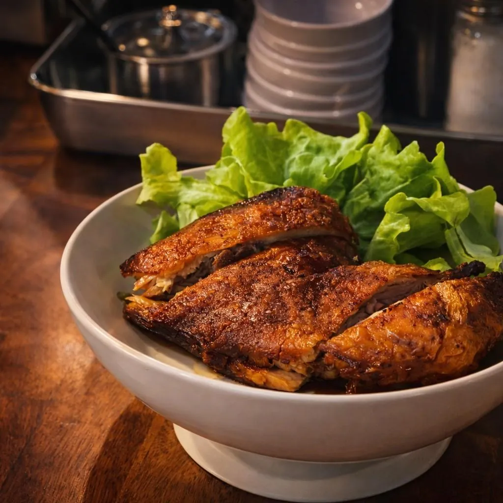Sliced Vietnamese crispy-skin chicken (Gà Da Giòn) with golden-brown lacquered skin and pale tender meat over green lettuce in a white pedestal bowl at Bà Năm, Adelaide Chinatown.