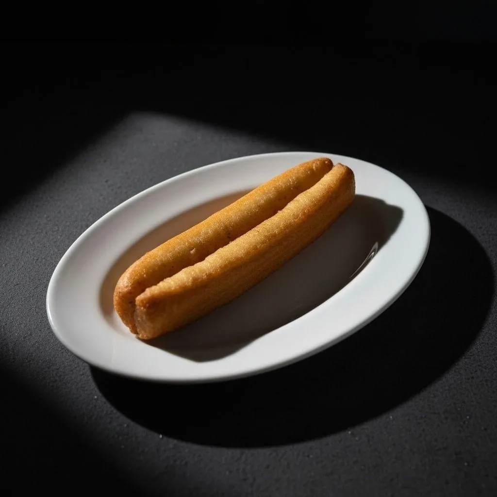 A golden giò quẩy — Vietnamese fried dough stick — served whole on a white oval plate at Bà Năm Restaurant, Adelaide.