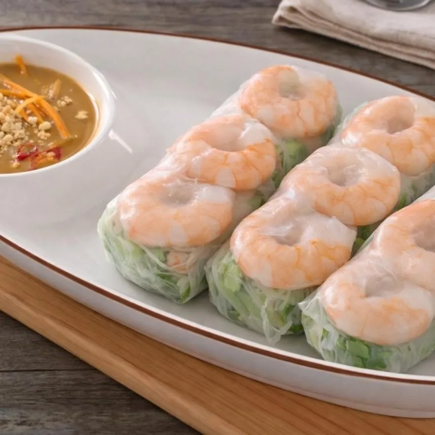 Three fresh gỏi cuốn prawn and pork rice paper rolls with peanut dipping sauce at Bà Năm Adelaide