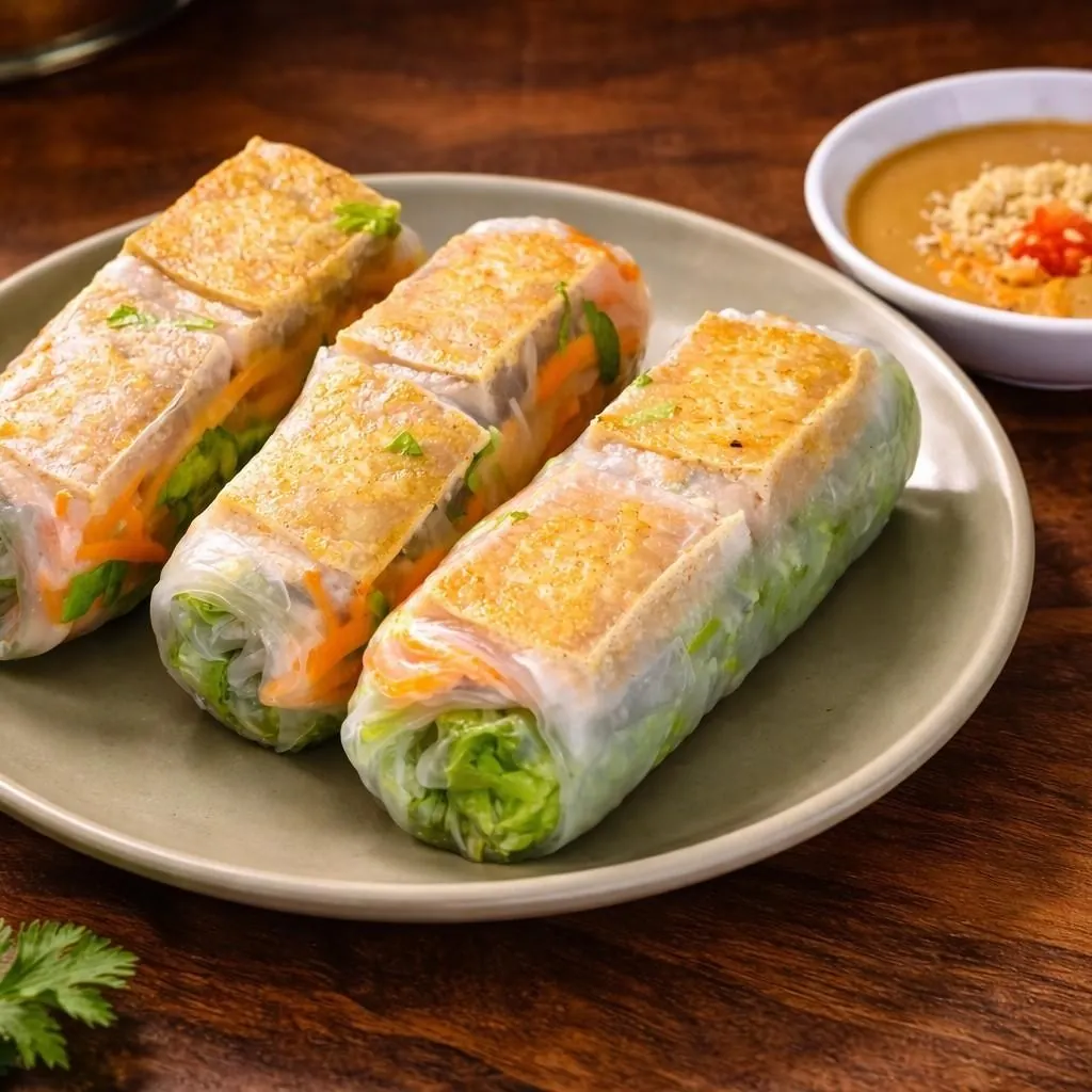 Three vegetarian gỏi cuốn chay with golden pan-seared tofu and peanut dipping sauce at Bà Năm Adelaide