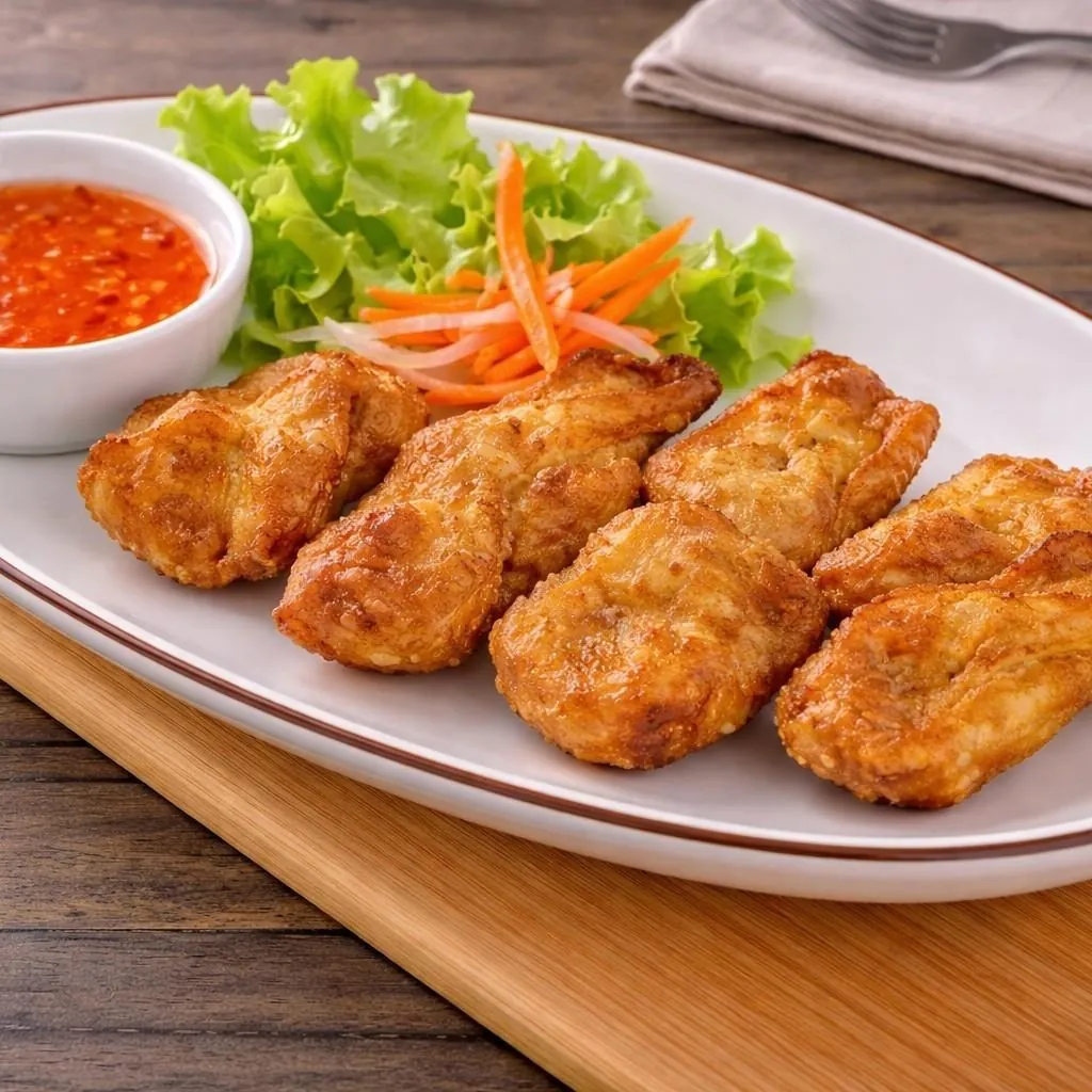 Six golden fried wontons (hoành thánh chiên) on a white oval plate with red chilli dipping sauce, lettuce, shredded carrot and pickled daikon at Bà Năm, Adelaide.