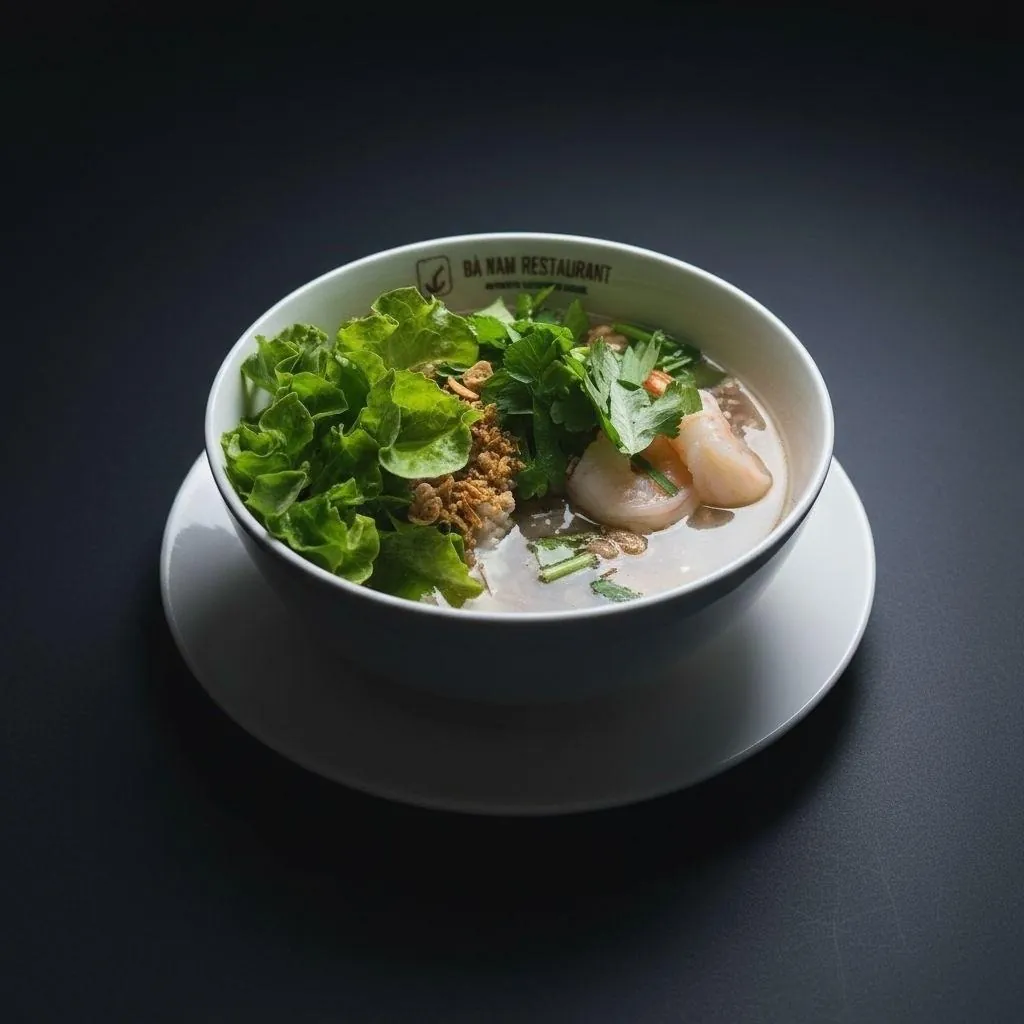 Hủ Tiếu Nam Vang at Bà Năm Restaurant Adelaide — clear pork broth with prawns, lettuce, herbs and fried shallots over thin rice noodles in a branded bowl.
