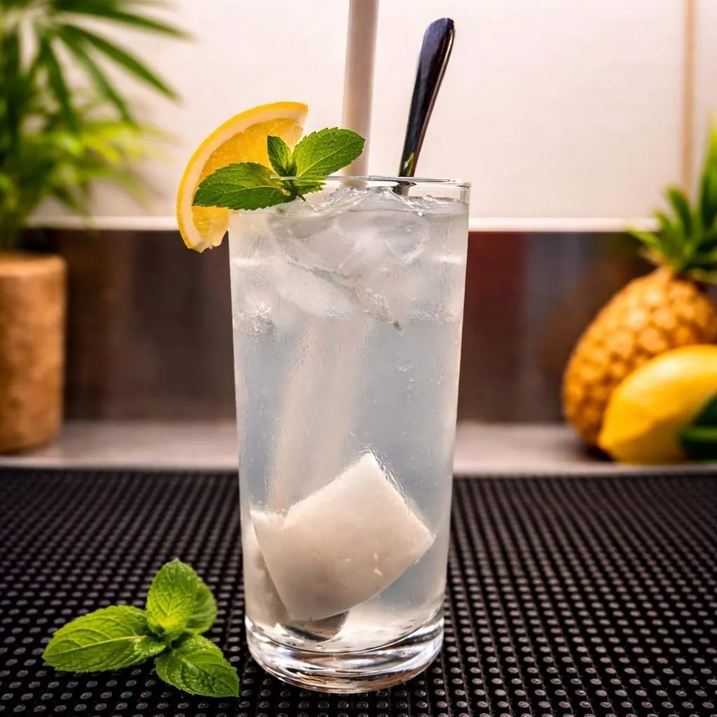 Tall clear glass of Nước Dừa coconut water packed with ice and large chunks of white young coconut flesh, garnished with a lemon wedge and fresh mint, served with a white straw and spoon on a black bar mat at Bà Năm, Adelaide