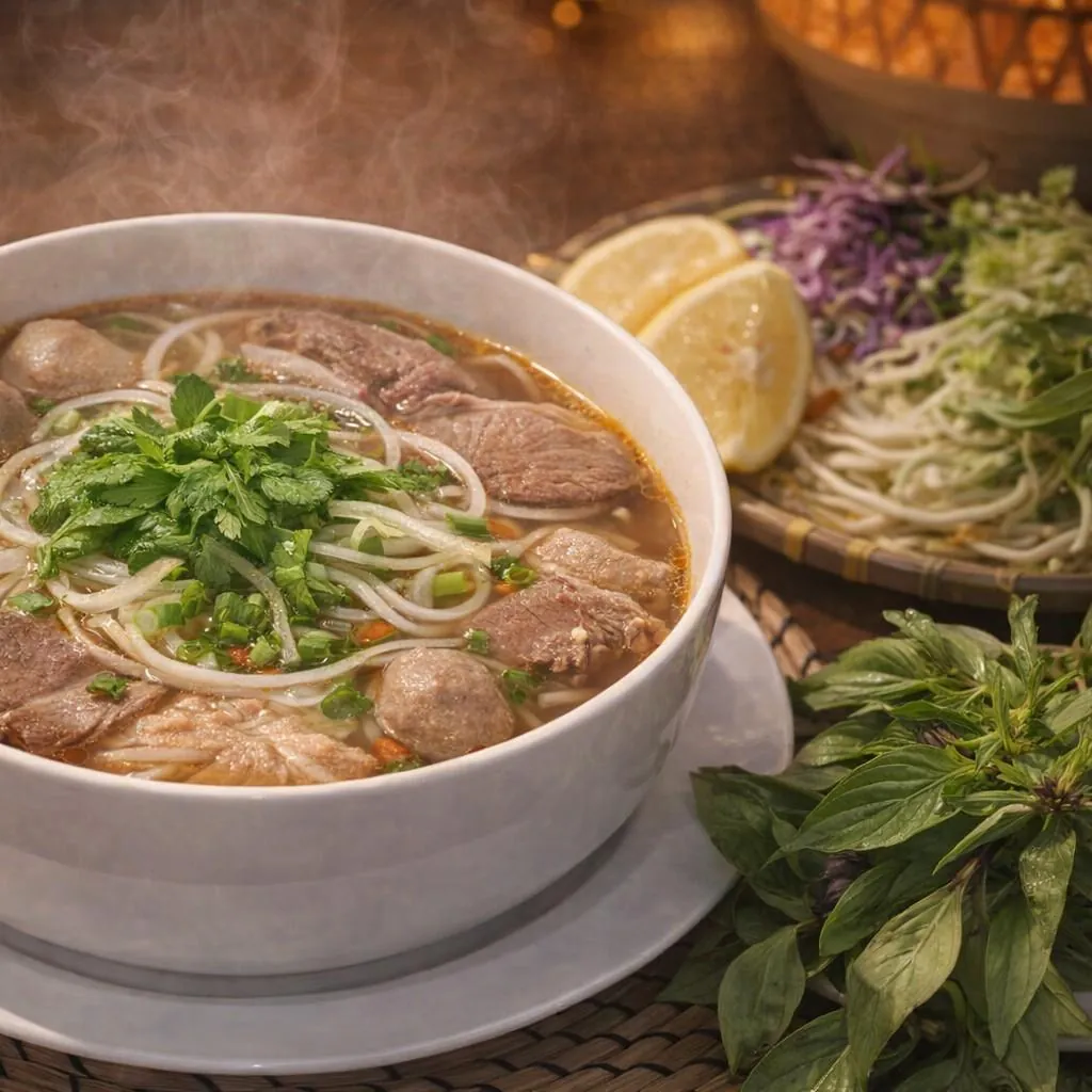Steaming bowl of Phở Đặc Biệt combination beef pho with meatballs and sliced beef at Bà Năm Adelaide