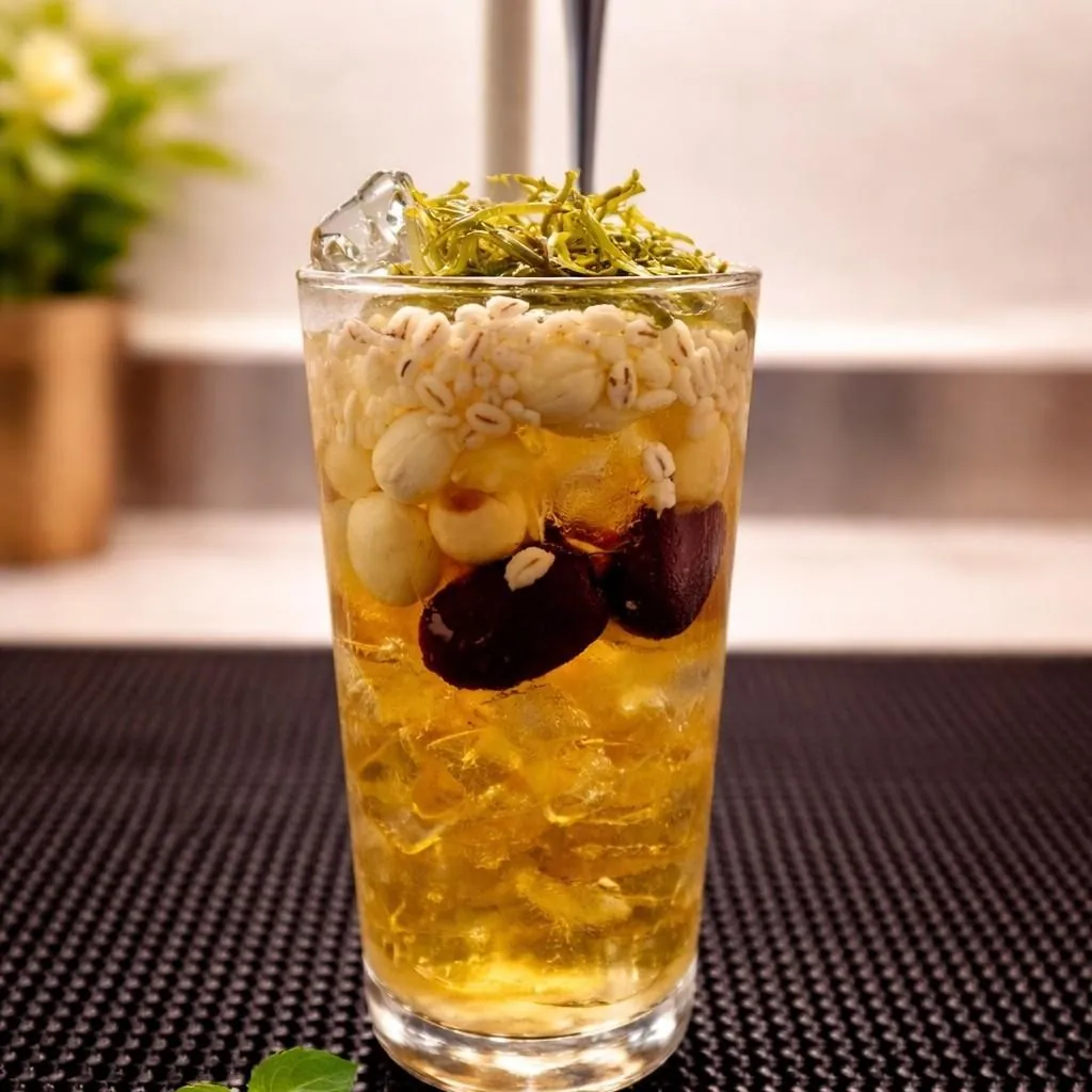 Sâm Bổ Lượng longan herbal iced drink at Bà Năm Adelaide — tall glass of clear amber liquid with lotus seeds, barley, dried longan and green seaweed garnish over crushed ice