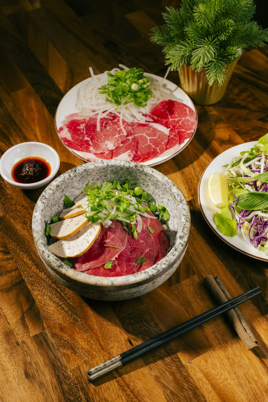 Stone bowl phở with rare beef and fish cake, red-coin plate and herb salad — trip from Prospect to Bà Năm