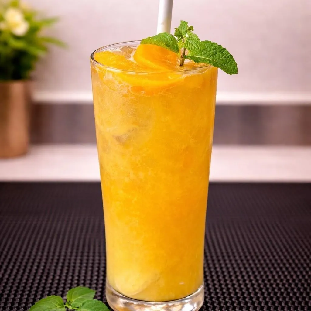 Tall glass of golden-orange trà đào cam sả with ice, floating orange slices, fresh mint and a white straw at Bà Năm Restaurant, Adelaide