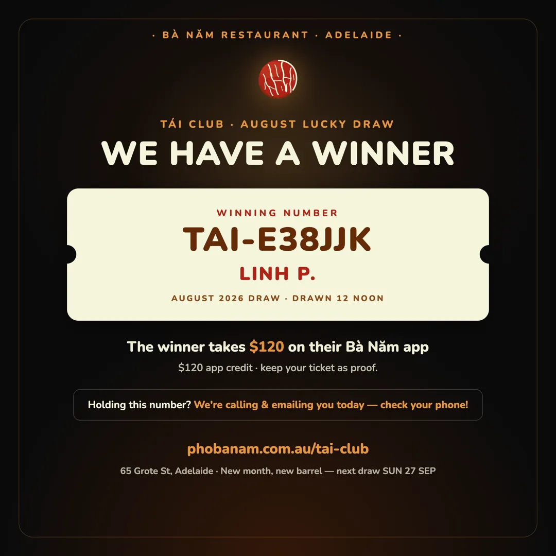 TÁI CLUB August 2026 winner announcement — winning number TAI-E38JJK, Linh P., taking $120 of Bà Năm app credit