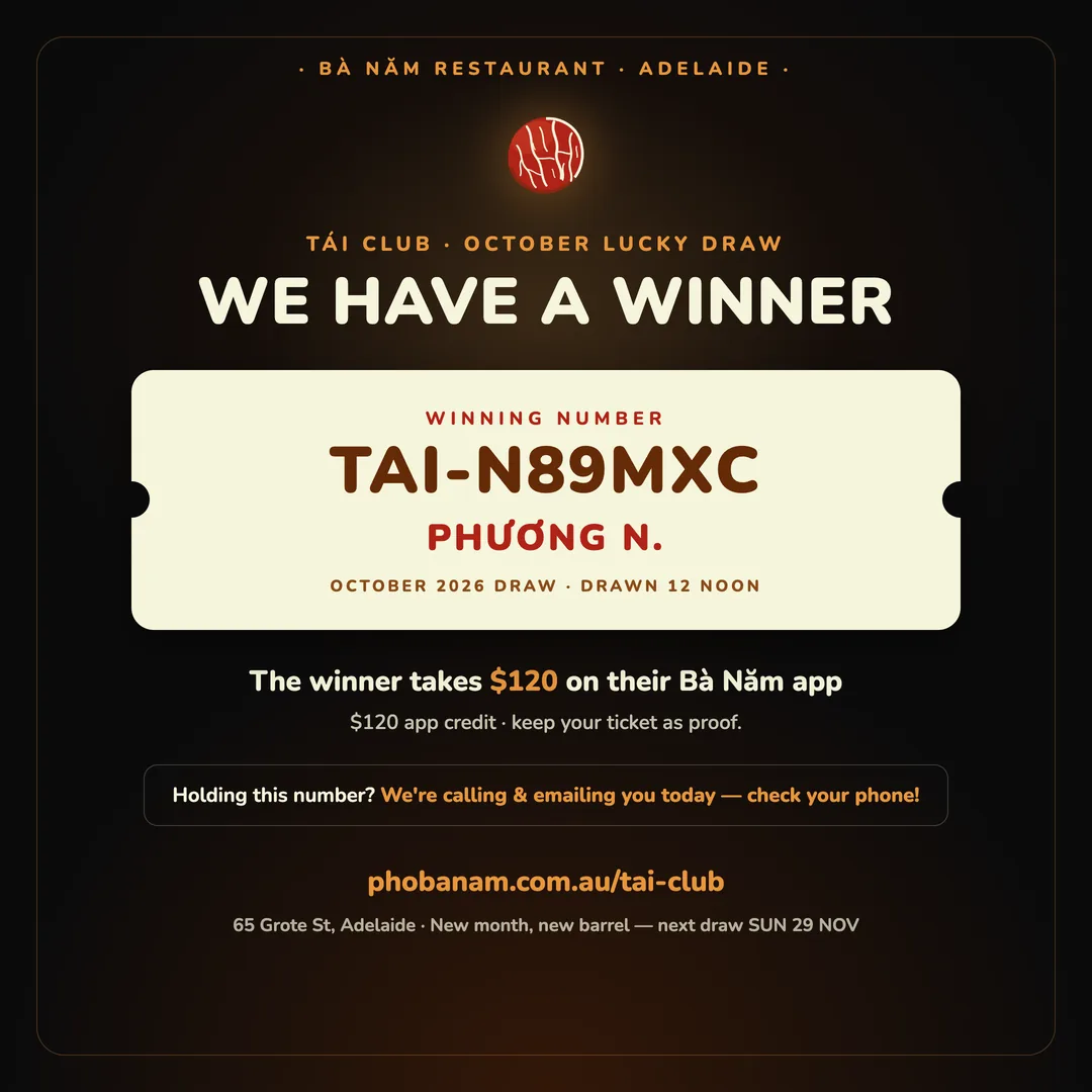 TÁI CLUB October 2026 winner announcement — winning number TAI-N89MXC, Phương N., taking $120 of Bà Năm app credit